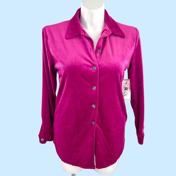 NWT BASIC EDITIONS FUCHSIA PINK VELOUR BUTTONDOWN LONG TOP - MEDIUM - Picture 1 of 4